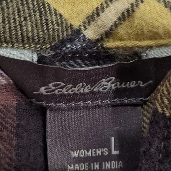 Eddie Bauer Crop Flannel Shirt Womens L Yellow Plaid Button Up Long Sleeve Y2K - Picture 5 of 7